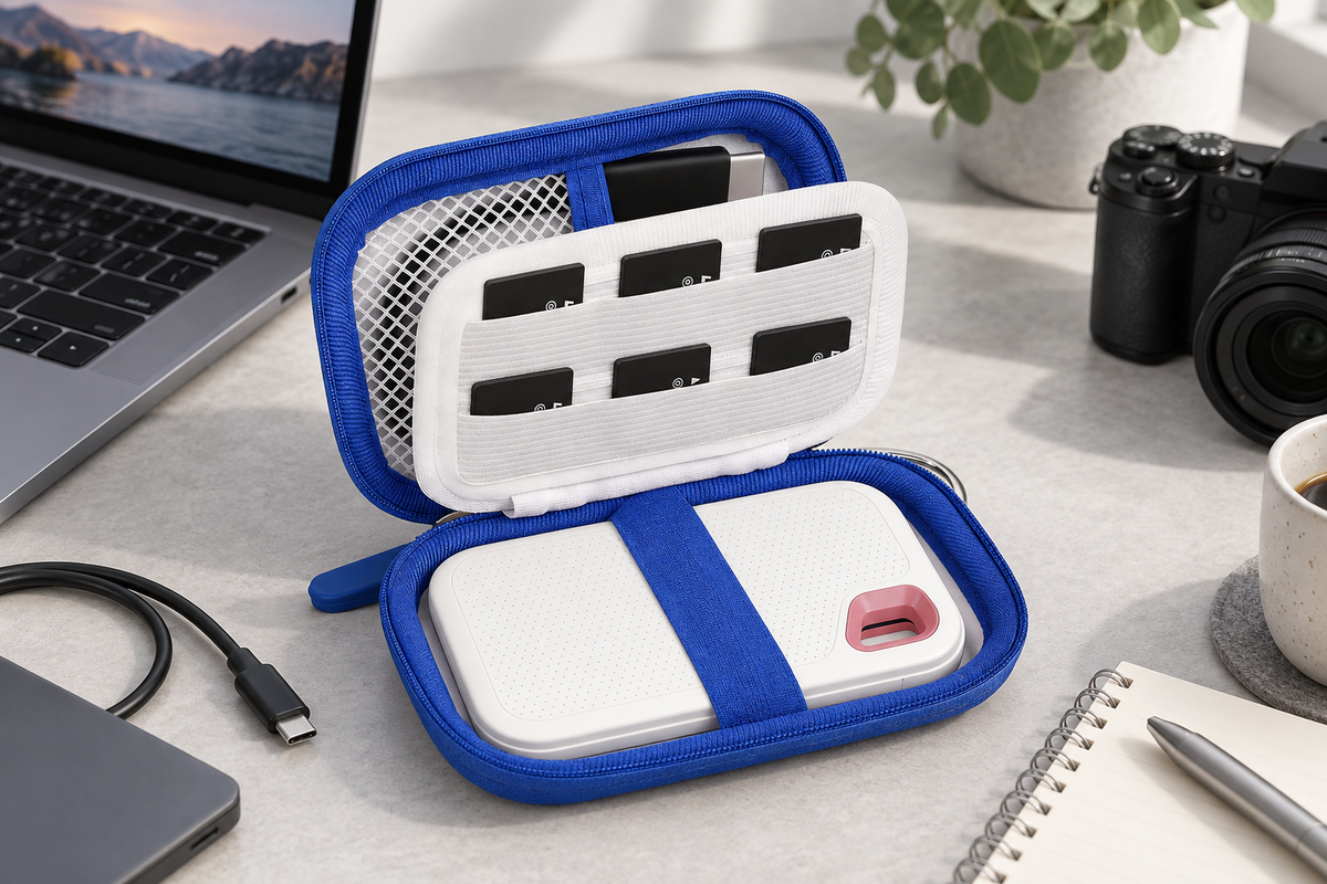 ALKOO blue portable SSD and SD card case open on a gray-white creator desk for post-Apple-event backups