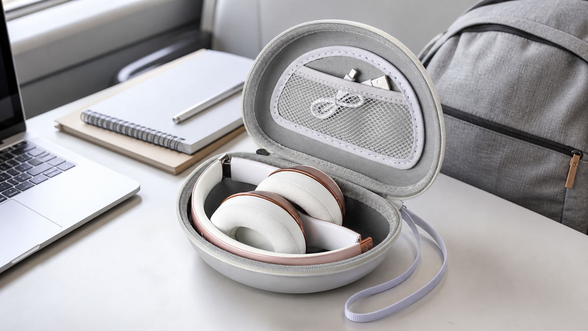 ALKOO light gray over-ear headphone case naturally photographed on a student commute desk