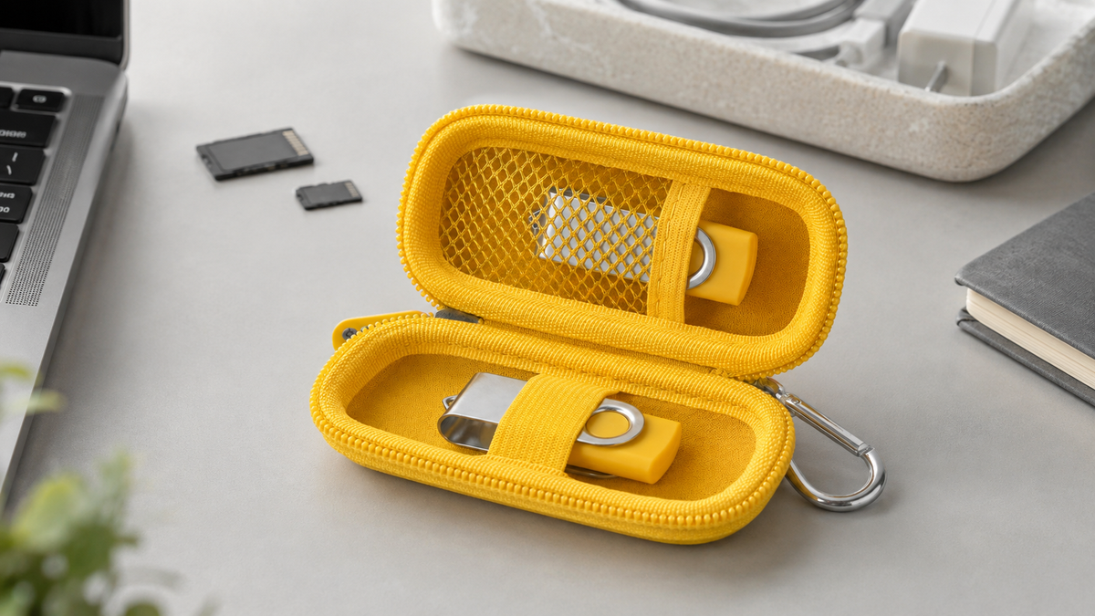 ALKOO yellow USB flash drive and SD card organizer case on a gray-white student backup desk