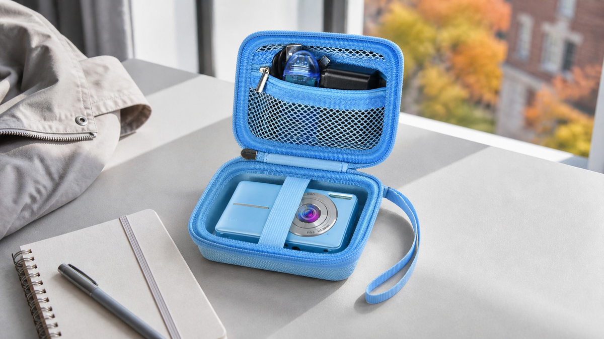 ALKOO blue digital camera case packed for early September fall campus photography
