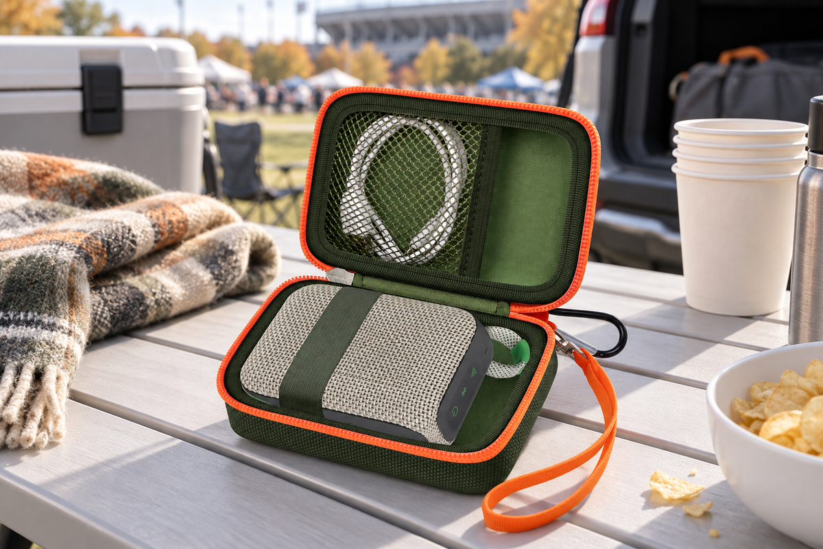 ALKOO green and orange JBL Go speaker case open on a gray-white tailgate table for football season