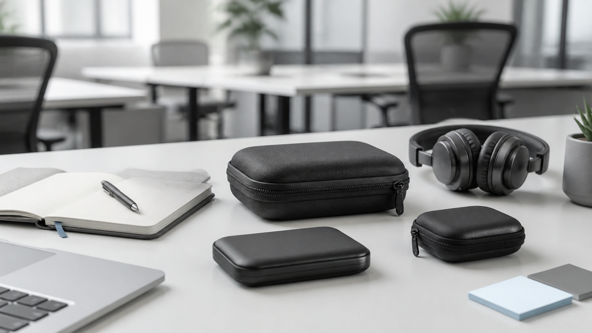 Gen Z analog office desk setup with ALKOO protective cases for headphones SSDs and compact tech accessories