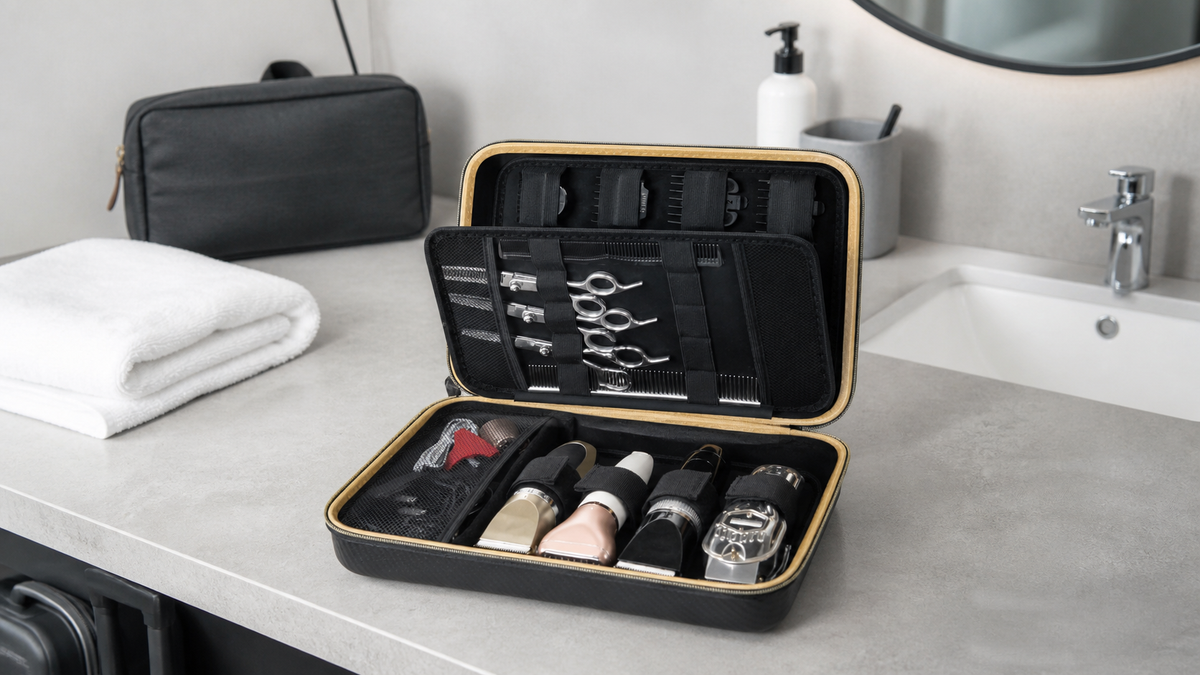 ALKOO hair clipper travel case open on a minimalist hotel counter for Labor Day grooming travel