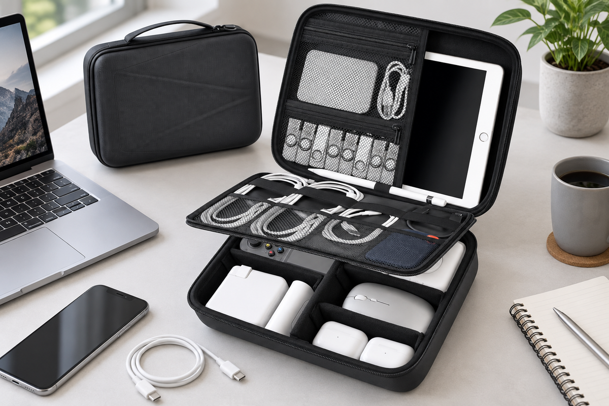 ALKOO black electronics organizer travel case open on a gray-white desk for device upgrade backup and cable storage