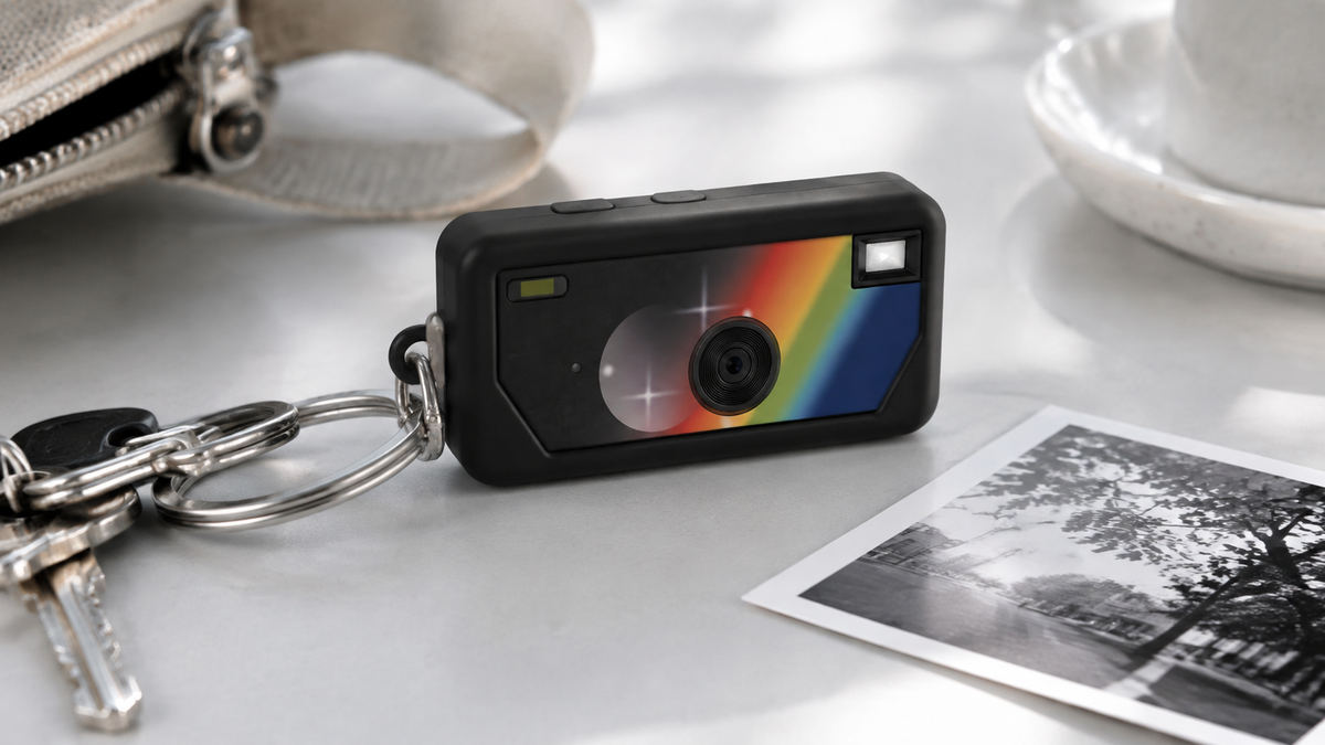 ALKOO black silicone case for Kodak Charmera keychain camera on a gray-white cafe table