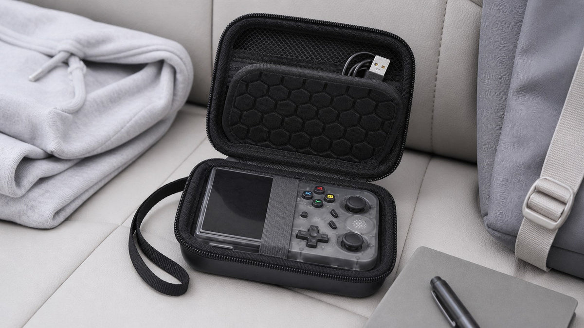 ALKOO black handheld game console case naturally photographed in a gray-white road trip travel scene