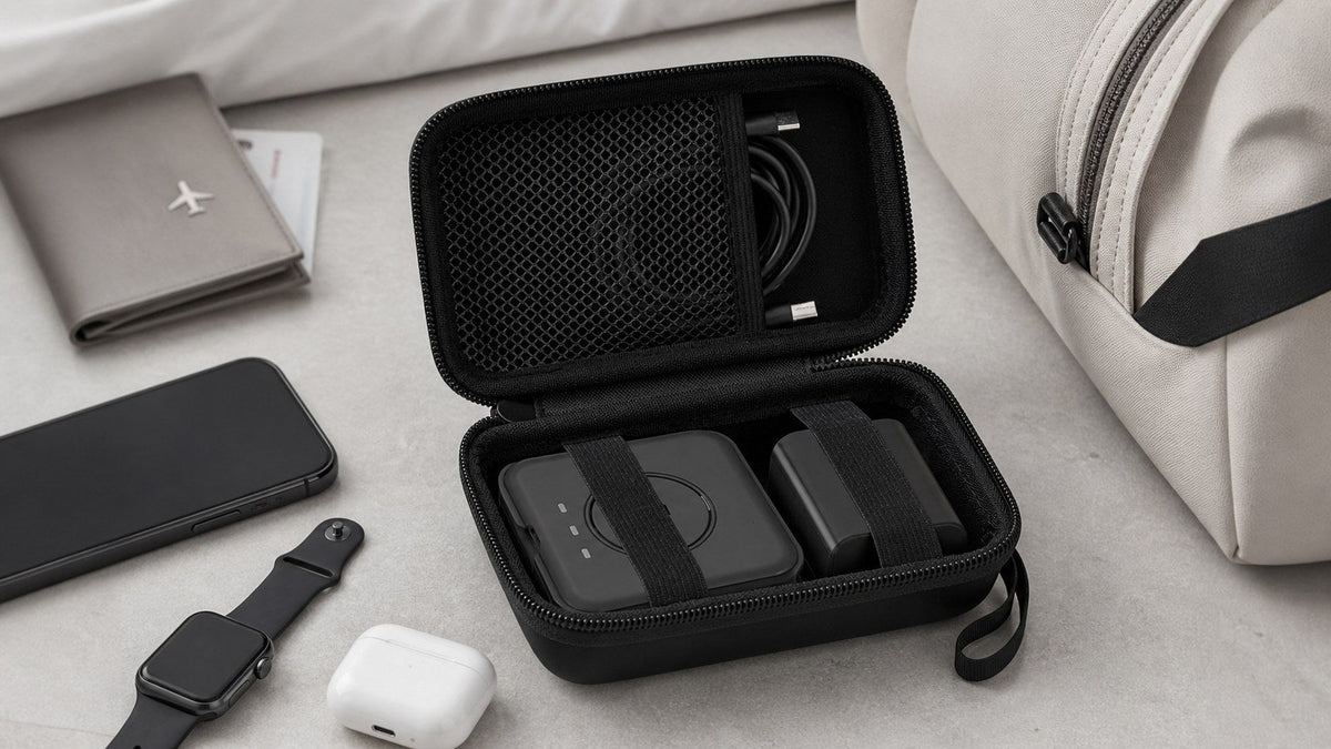ALKOO wireless charger travel case naturally photographed in a gray-white Labor Day hotel packing scene