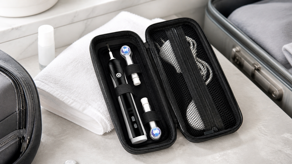 ALKOO electric toothbrush travel case naturally photographed on a gray-white hotel packing counter