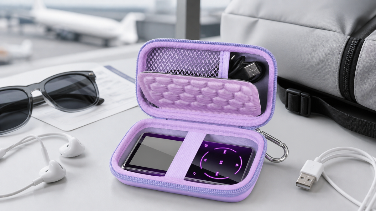 ALKOO MP3 MP4 player travel case arranged for Labor Day airport travel with earbuds and cable