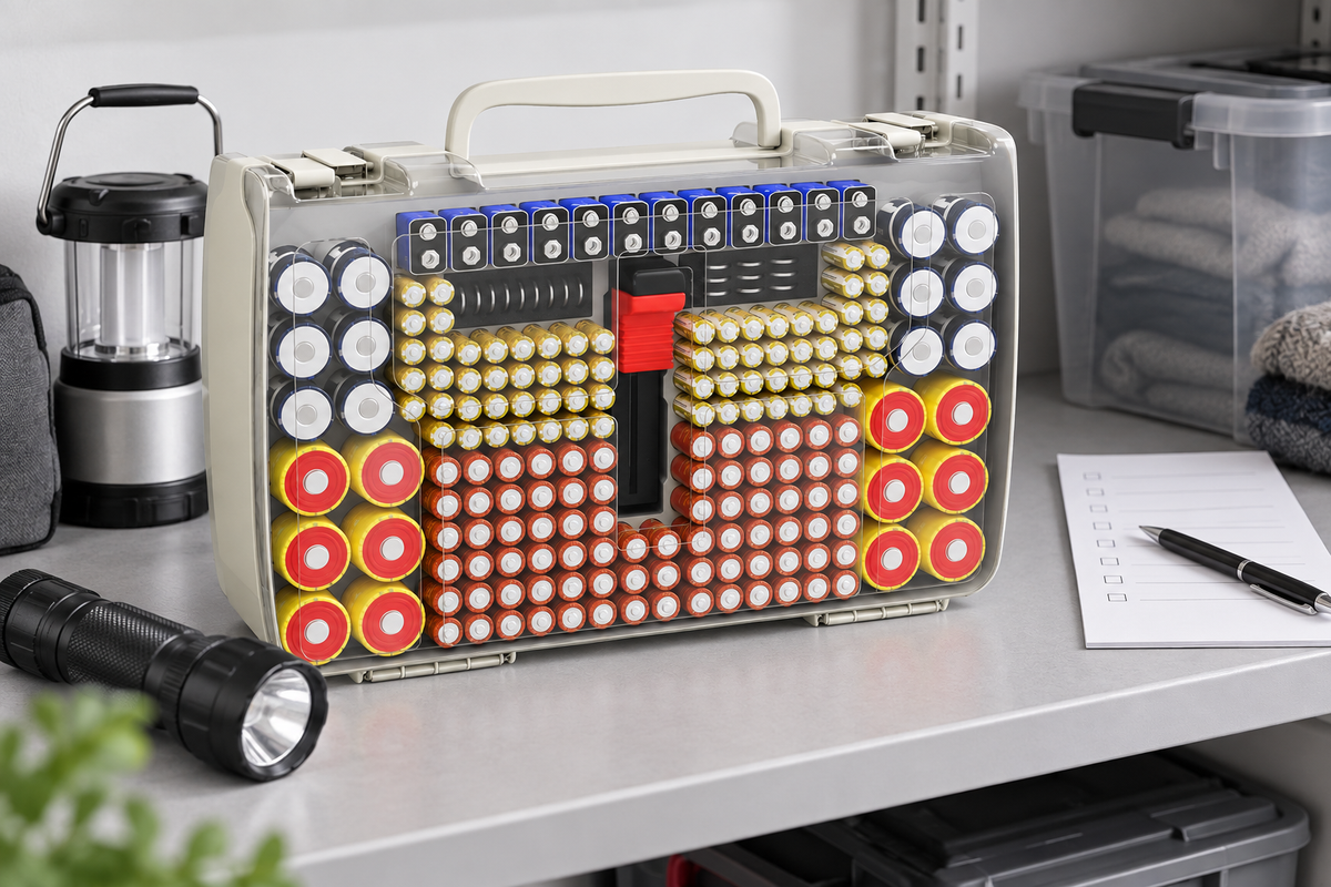 ALKOO cream battery organizer case on a gray-white utility shelf for National Preparedness Month battery storage