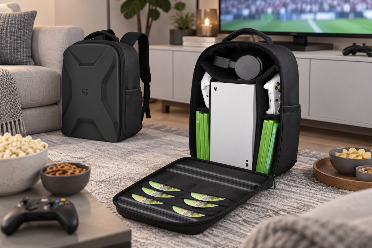 ALKOO black Xbox console carrying case open in a gray-white living room for NFL game night organization