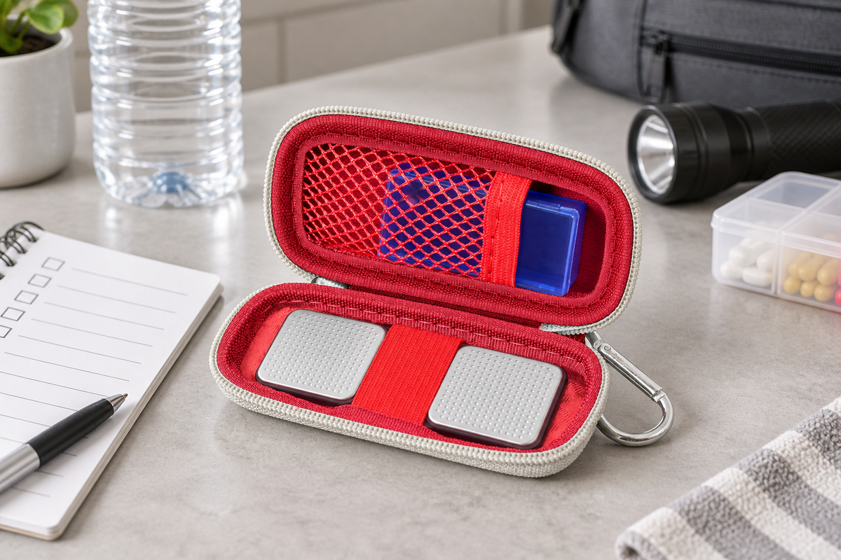 ALKOO red KardiaMobile heart monitor case open on a gray-white home preparedness table for peak hurricane season