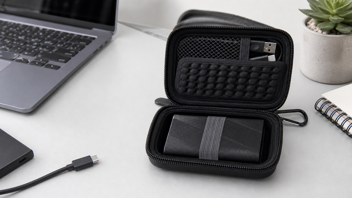 ALKOO black portable SSD case naturally photographed on a gray-white laptop backup desk