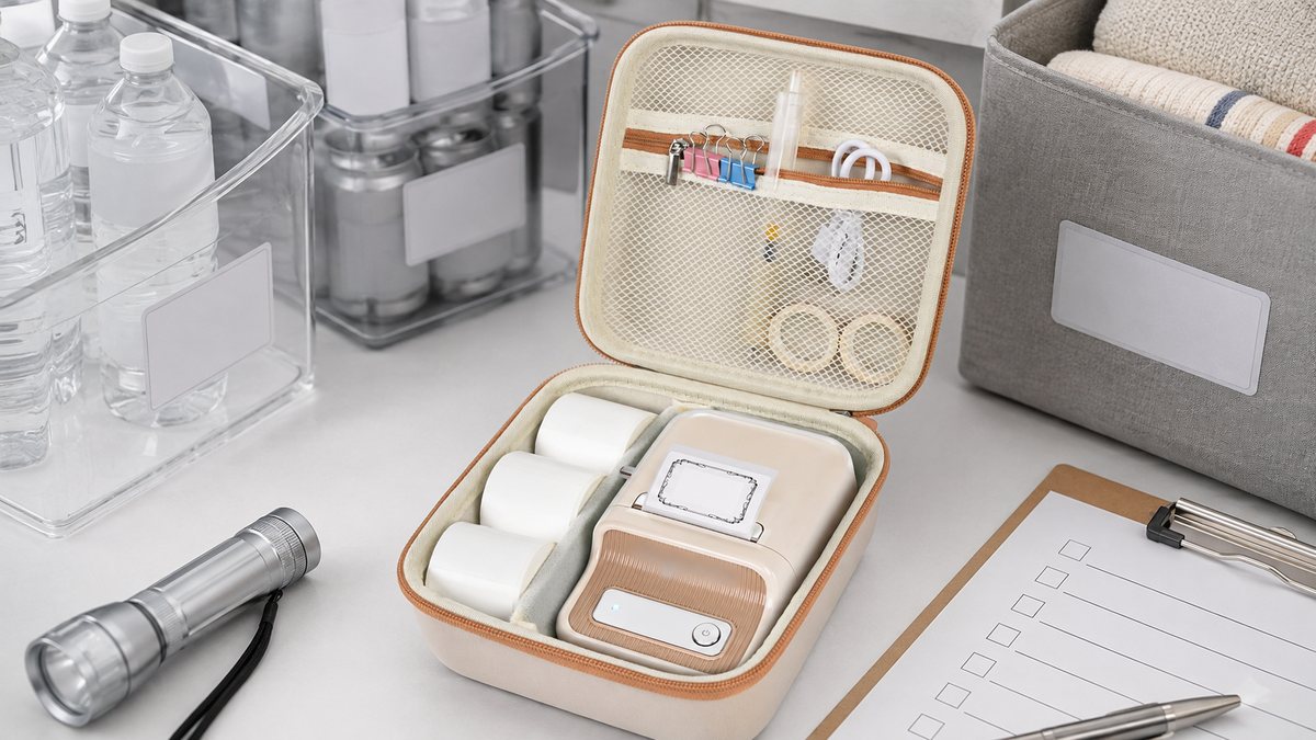 ALKOO beige label maker travel case used for September home emergency bin labeling