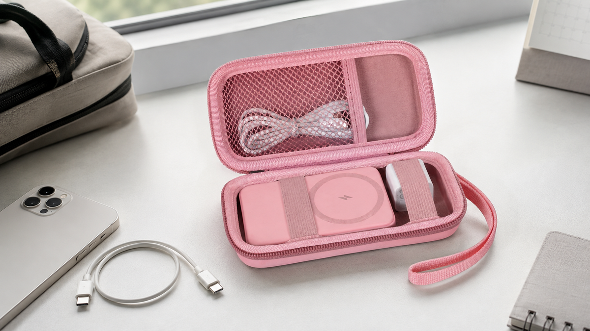 ALKOO pink for MagSafe power bank carrying case organized on a gray-white for iPhone accessory desk