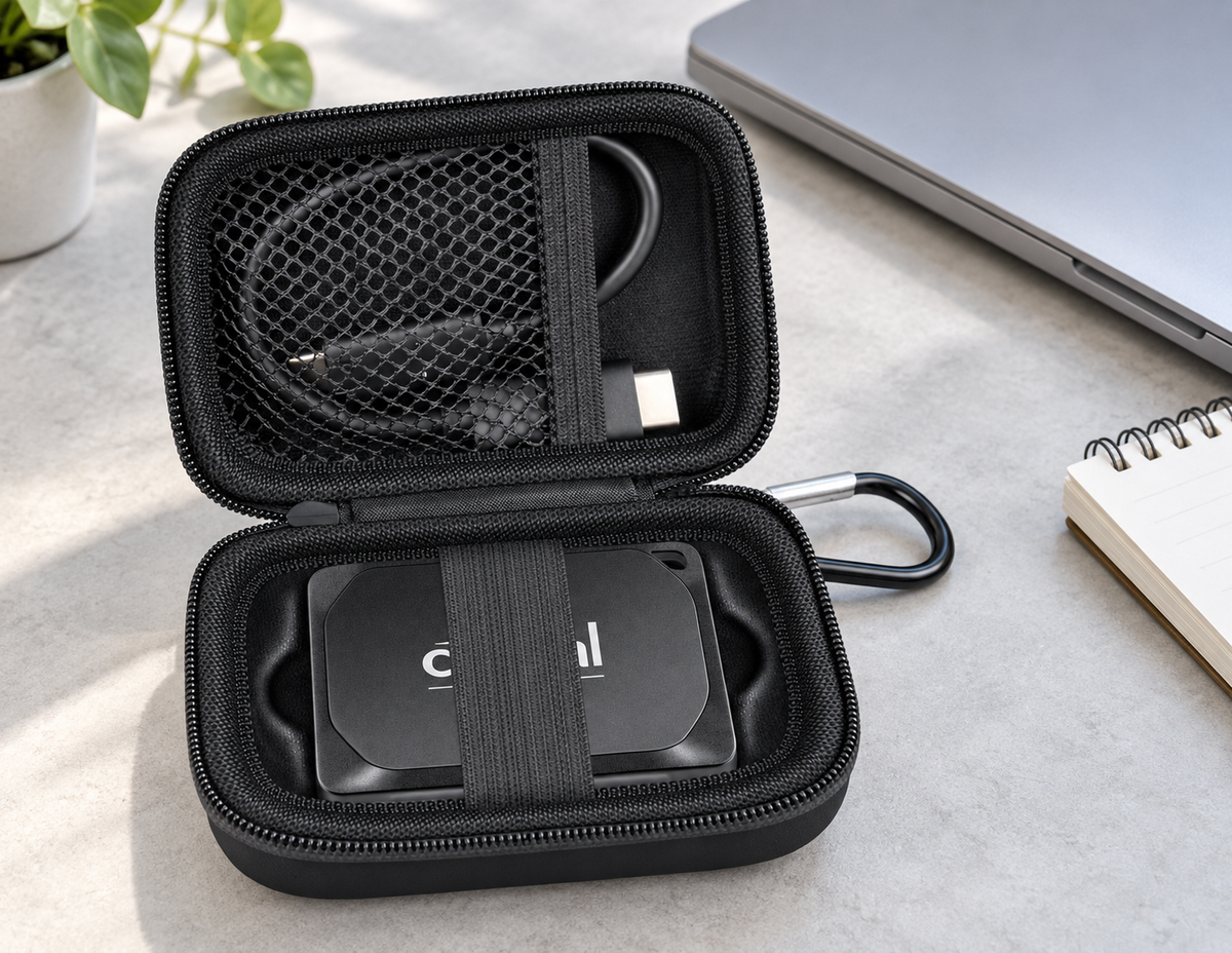 Black fitted SSD case with one central securing strap, half-open mesh cable pocket and carabiner beside a closed laptop.