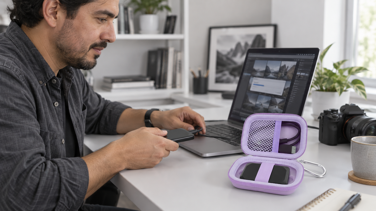 Freelance photographer using an ALKOO portable SSD case during a backup workflow