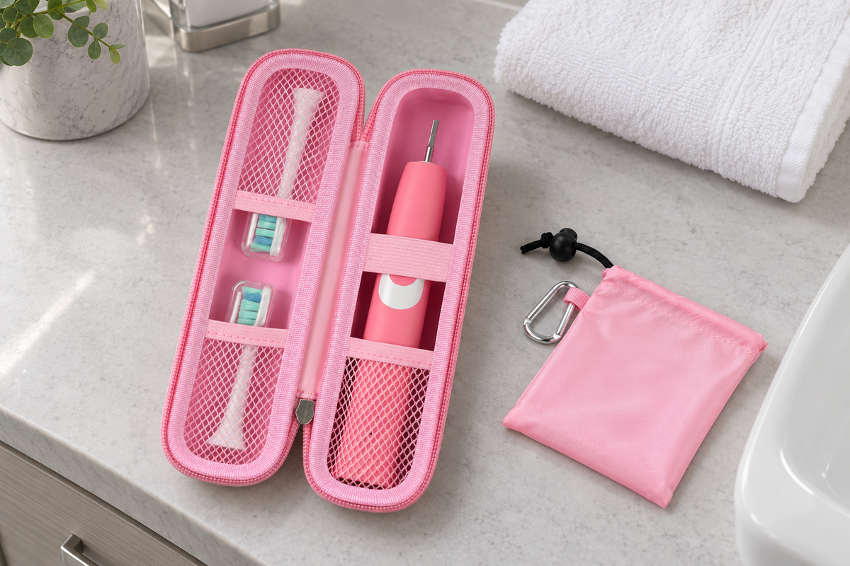 Pink slim electric toothbrush case with retaining bands and brush-head storage beside its accessory pouch on a dry gray hotel vanity.