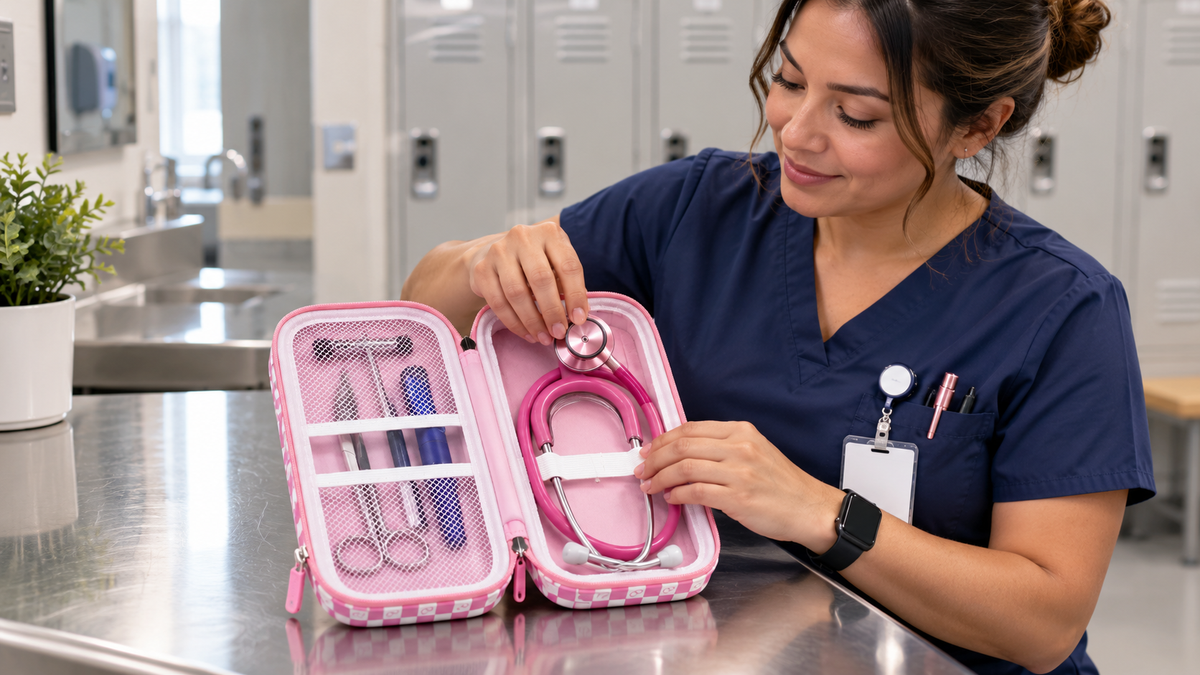 Latina emergency nurse placing a stethoscope into a pink ALKOO carrying case in a bright hospital staff locker area.