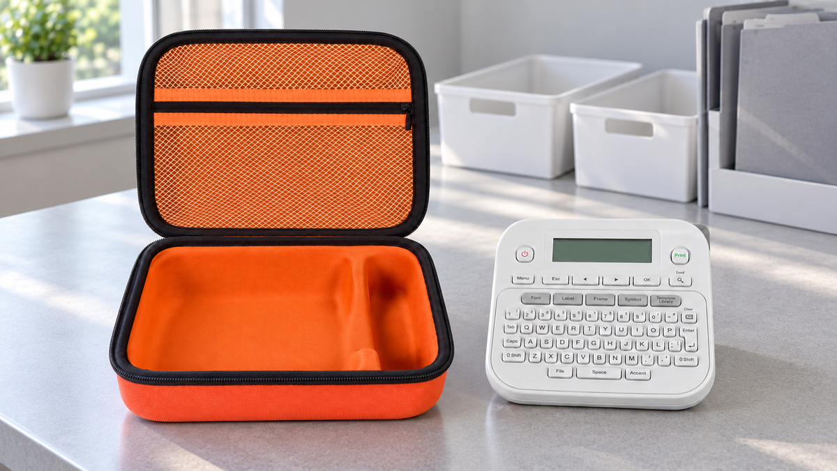 Open orange ALKOO label-maker case with fitted tray and zippered mesh pocket beside a label maker and white sorting bins.