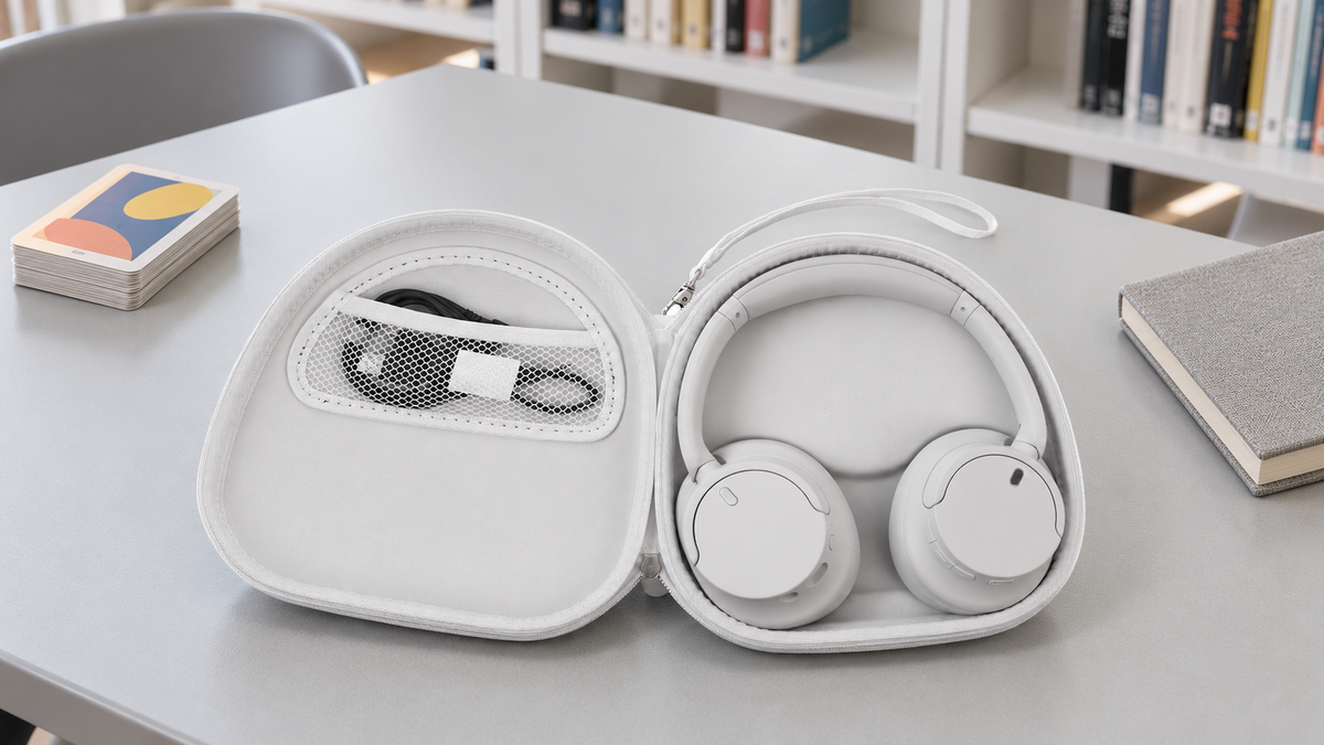 Open white ALKOO headphone case with molded ear-cup recesses and a mesh cable pocket on a gray library table beside cards and a notebook.