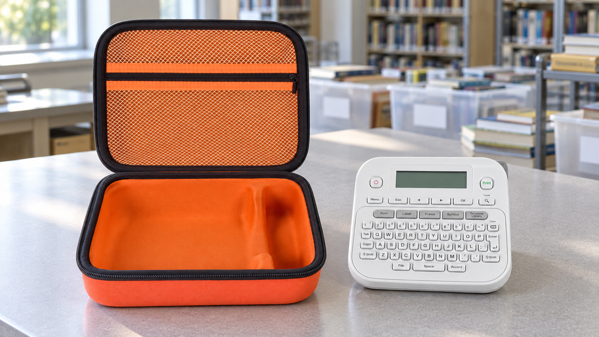 Open orange ALKOO label maker case showing its shaped tray and white mesh lid pocket on a library preparation counter.
