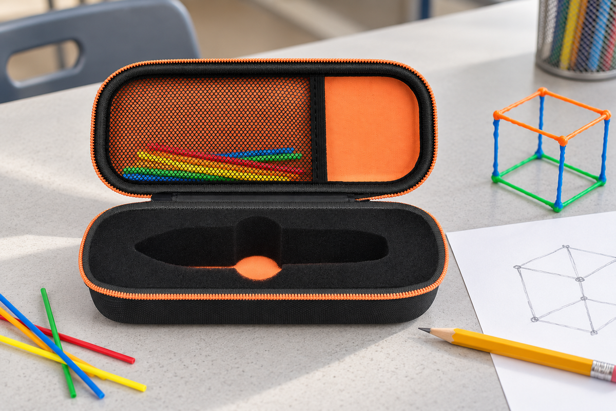 Black and orange 3D pen case with shaped foam insert and mesh pocket beside a plastic cube on a gray maker desk.