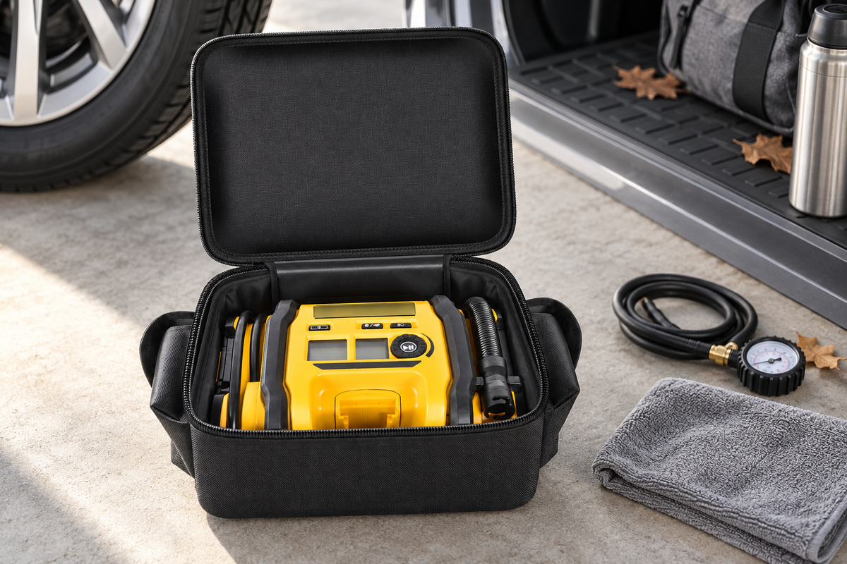 Black ALKOO inflator storage bag holding a yellow inflator beside a parked vehicle during pre-trip preparation.