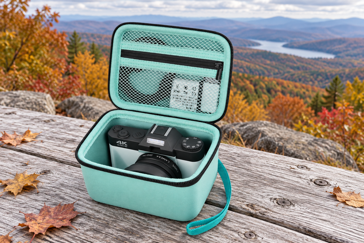 Mint camera case with a black zippered mesh lid pocket and teal wrist loop on a dry autumn picnic table.