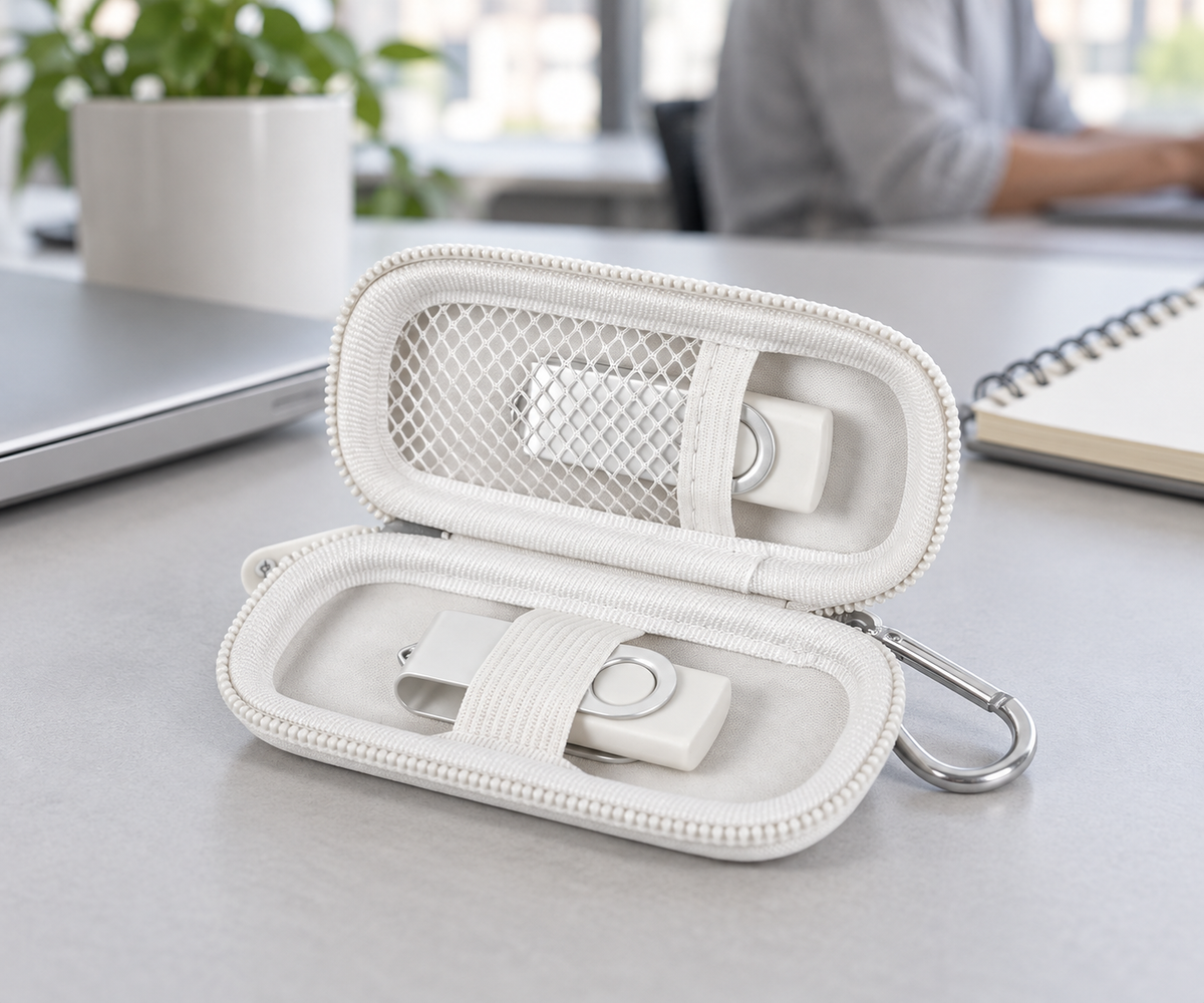 Small white ALKOO USB flash-drive case with elastic securing band and half-open mesh pocket on a gray creative-work desk.