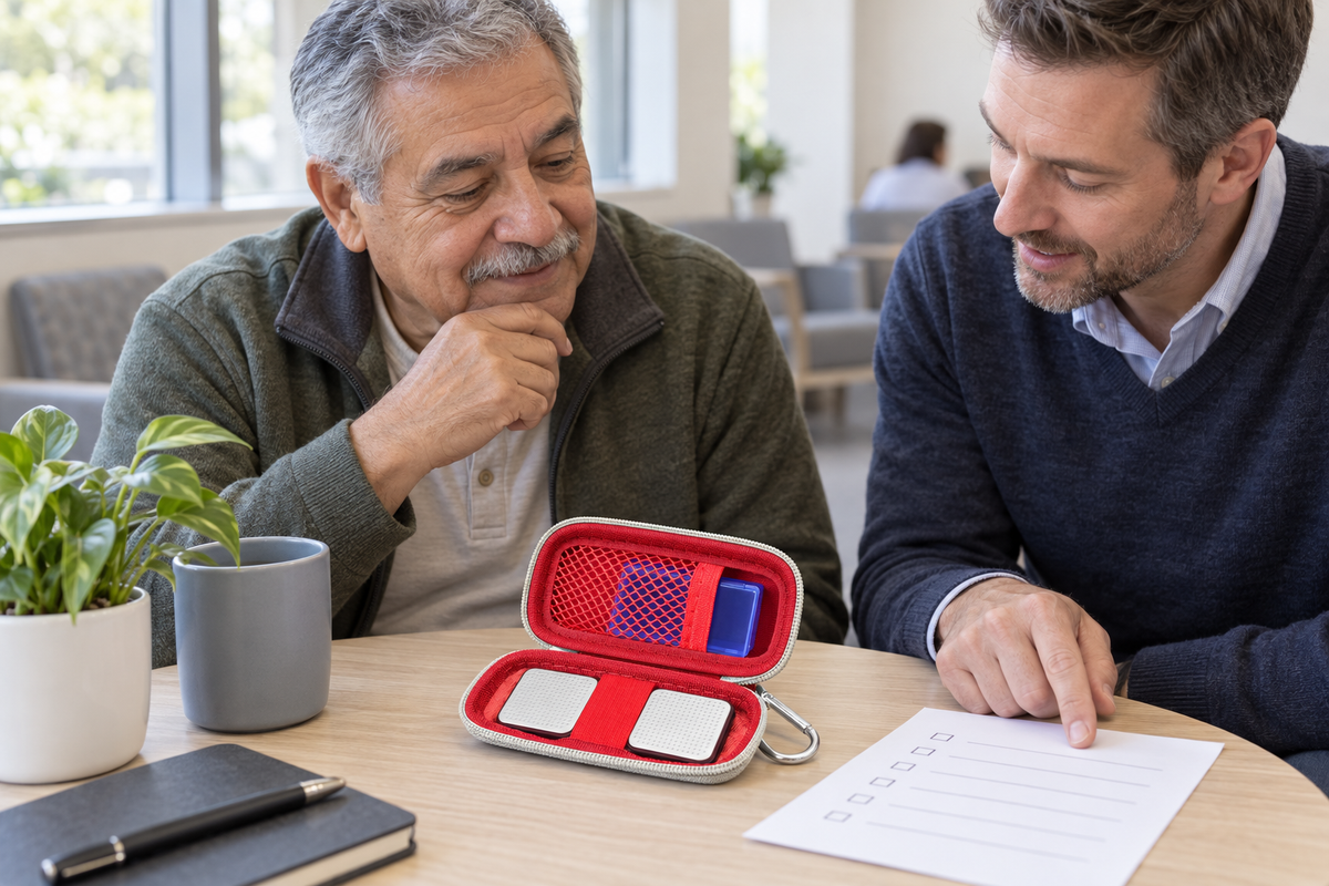 Older Latino man and caregiver organizing a portable ECG device in a red and white ALKOO case