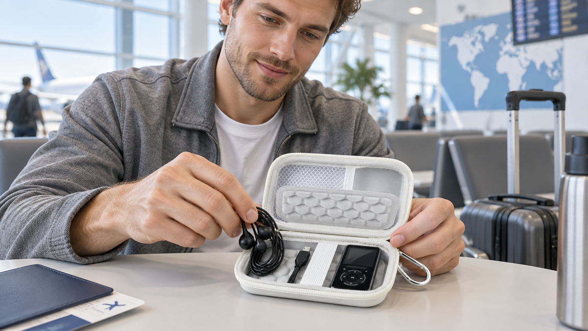 Traveler packing a music player and wired earbuds in a white ALKOO MP3 case at an airport