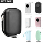 Black label maker case shown with several compatible for Phomemo and for NIIMBOT mini printers