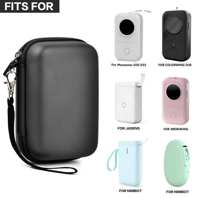 Black label maker case shown with several compatible for Phomemo and for NIIMBOT mini printers
