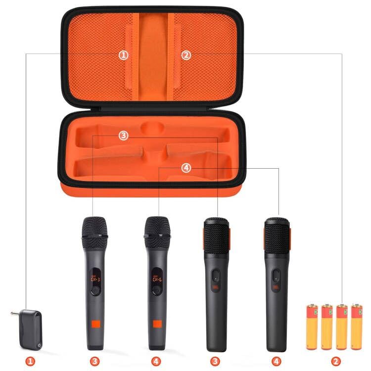 Open orange for JBL PartyBox wireless microphone case with dual mic compartments and battery storage