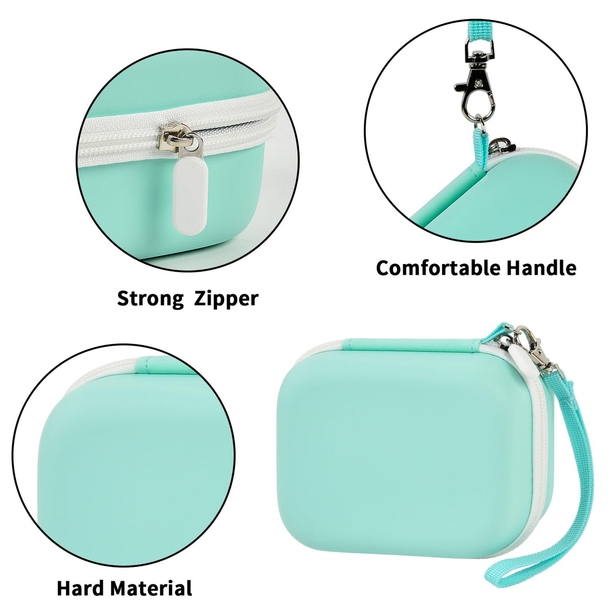 Mint green mini printer case with strong zipper, carrying strap, and hard protective shell