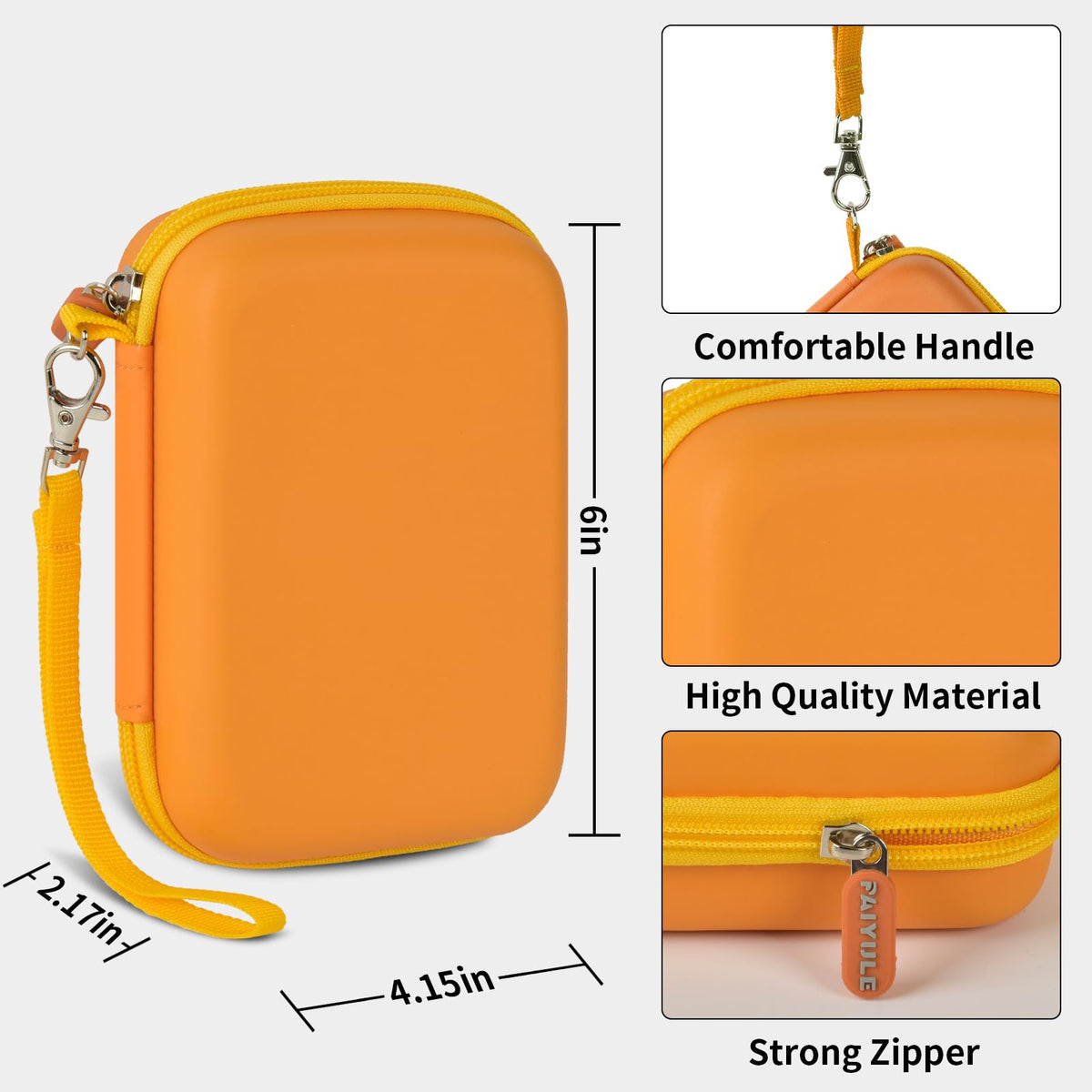 Orange retro handheld console carrying case dimensions, wrist strap, shell material and zipper overview