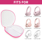 Open white with pink trim headphone case shown with compatible for Sony and for JBL over-ear headphones