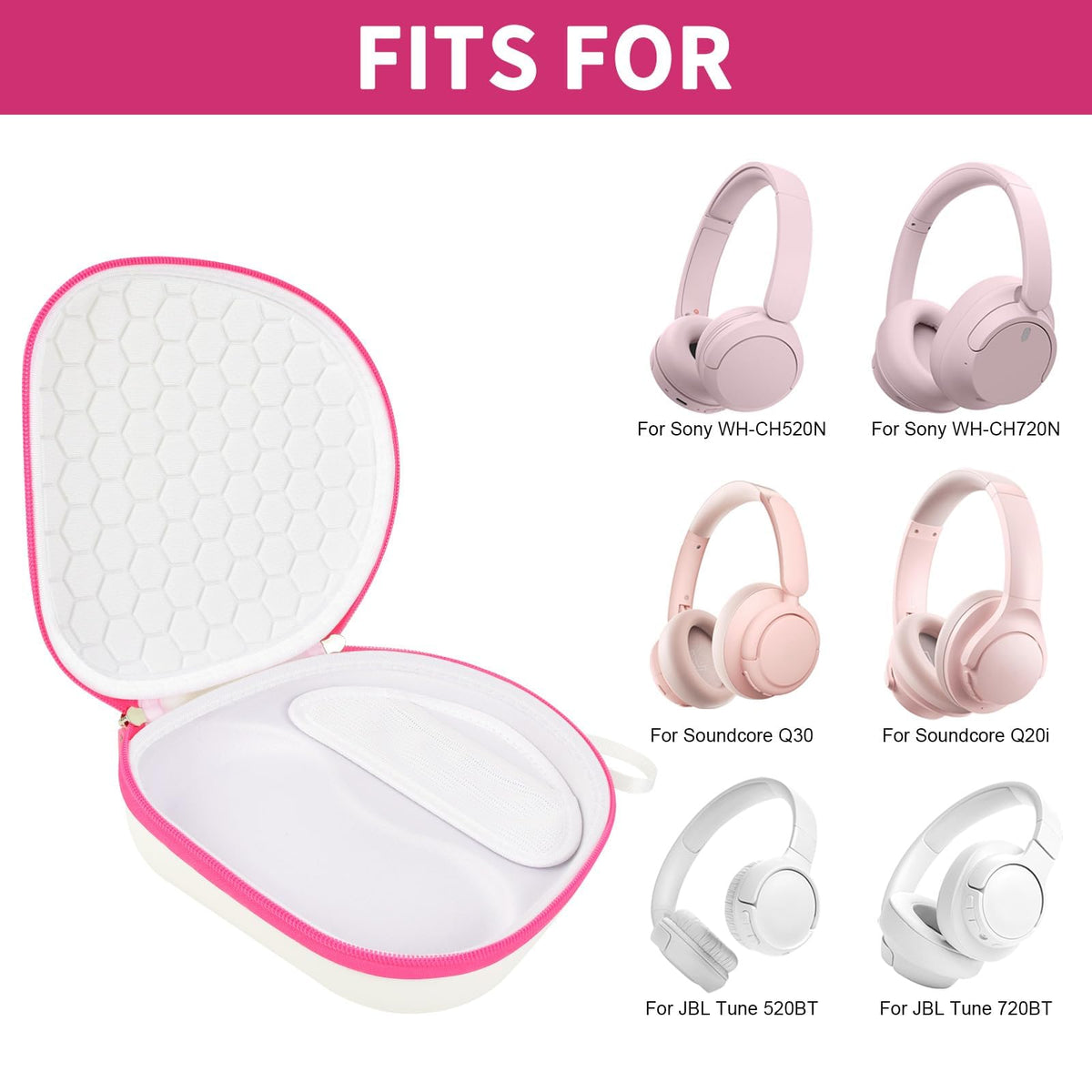 Open white with pink trim headphone case shown with compatible for Sony and for JBL over-ear headphones