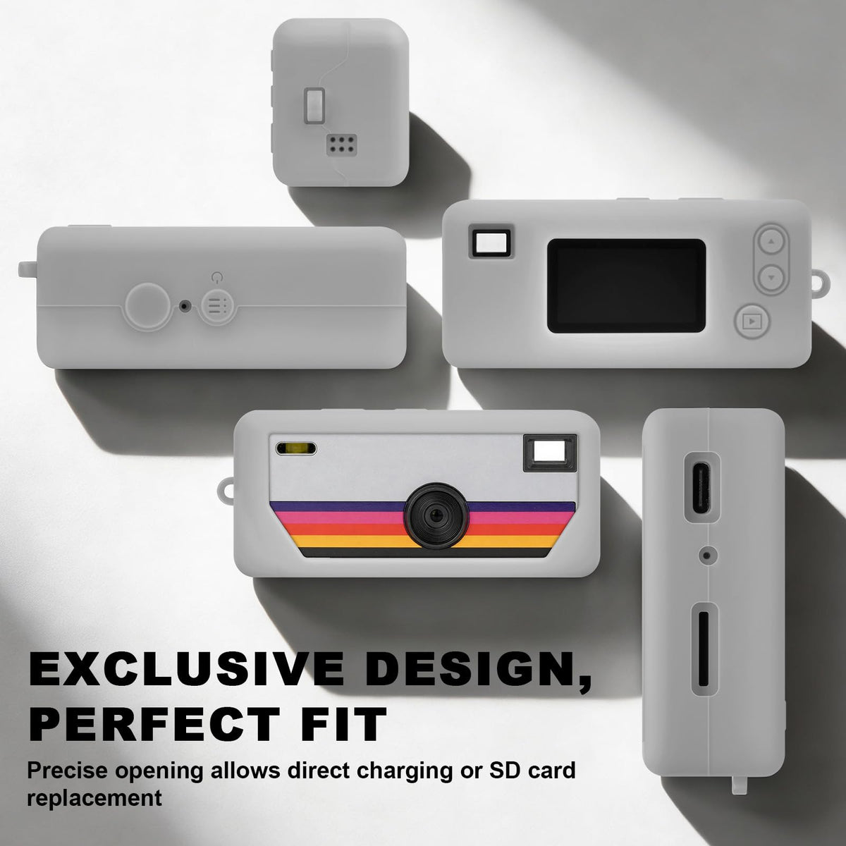 Gray silicone case for Kodak Charmera keychain camera precise-fit design shown from multiple angles