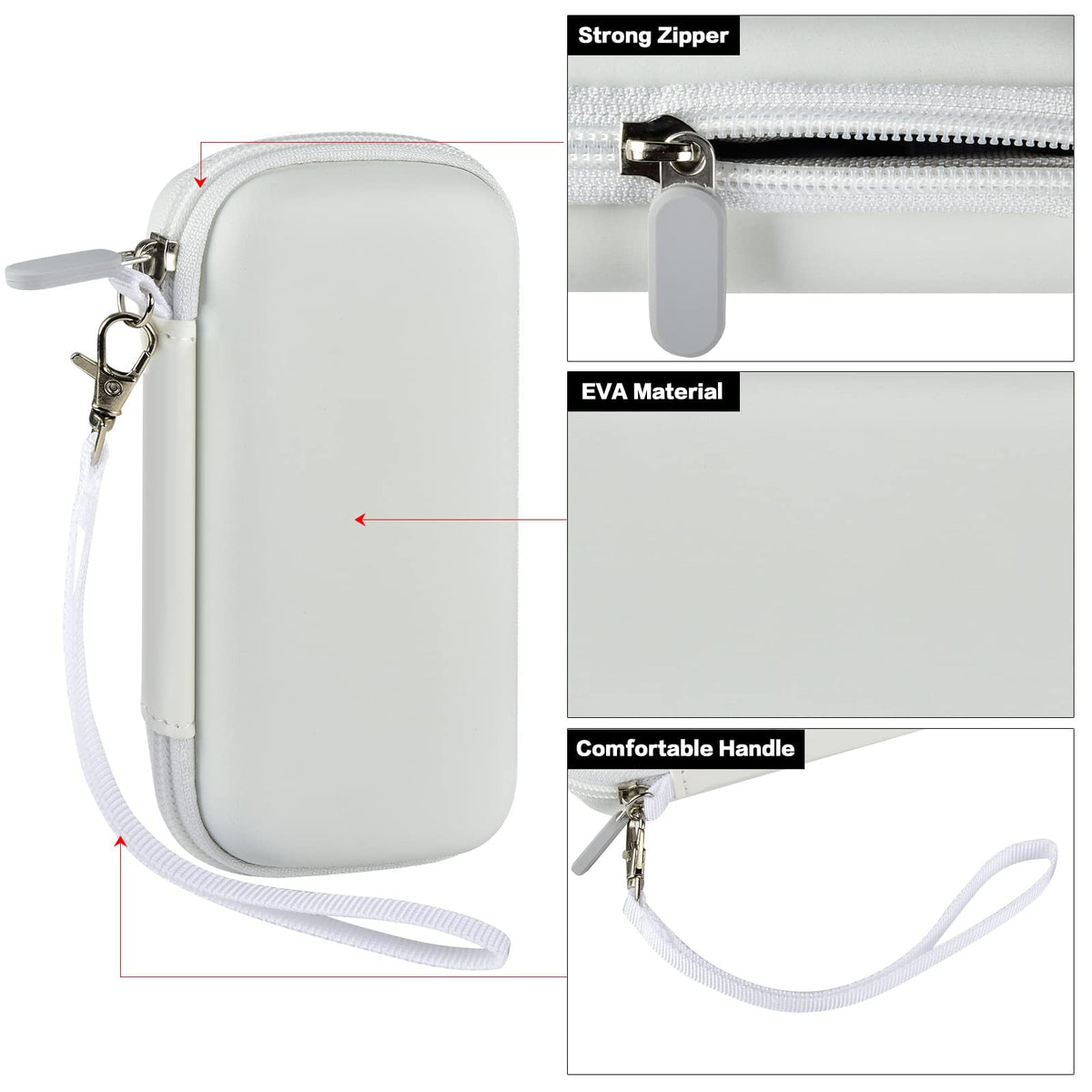 White EVA power bank case with strong zipper, protective shell, and comfortable wrist strap