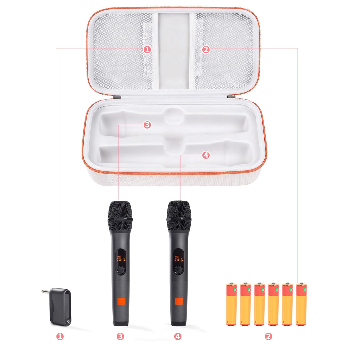 Open white and orange for JBL PartyBox wireless microphone case with dual mic and battery storage