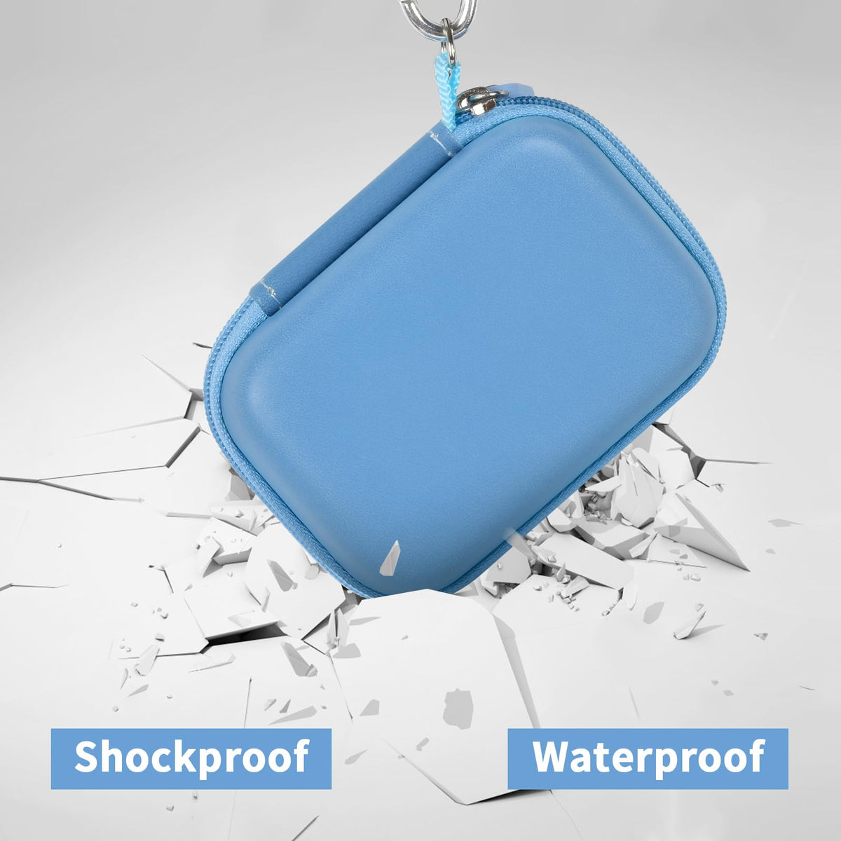 Blue for Crucial SSD case demonstrating shockproof and water-resistant protection