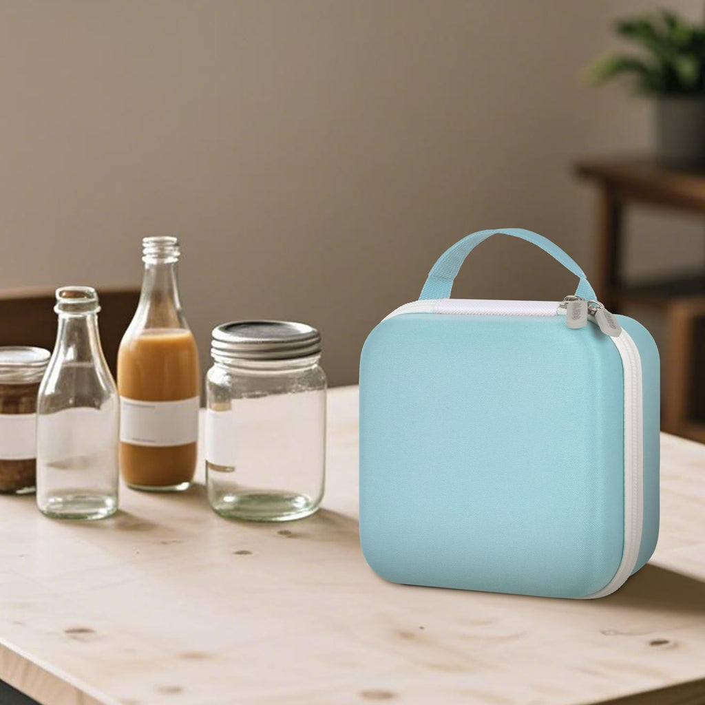 Closed light blue for NIIMBOT label maker case beside bottles and jars