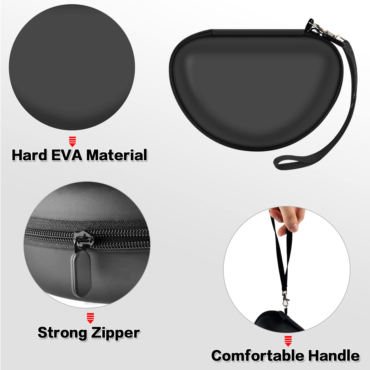 Beige and black headphone case with hard EVA shell, strong zipper, and carrying strap