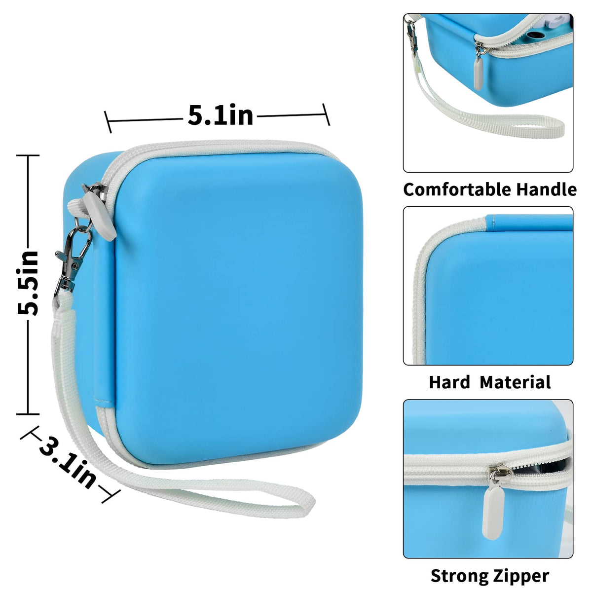 Blue kids instant print camera case dimensions and protective features overview