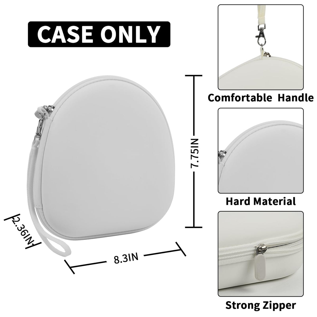 Light gray hard-shell headphone case dimensions with handle and strong zipper; case only
