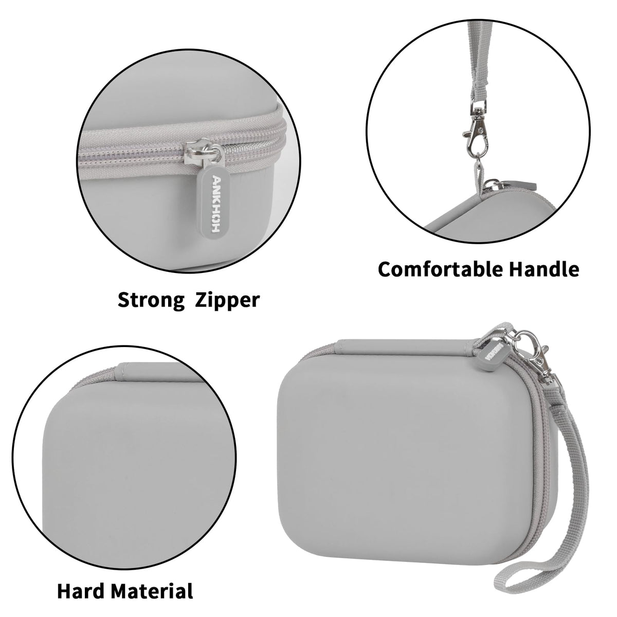 Gray mini printer case with strong zipper, carrying strap, and hard protective shell