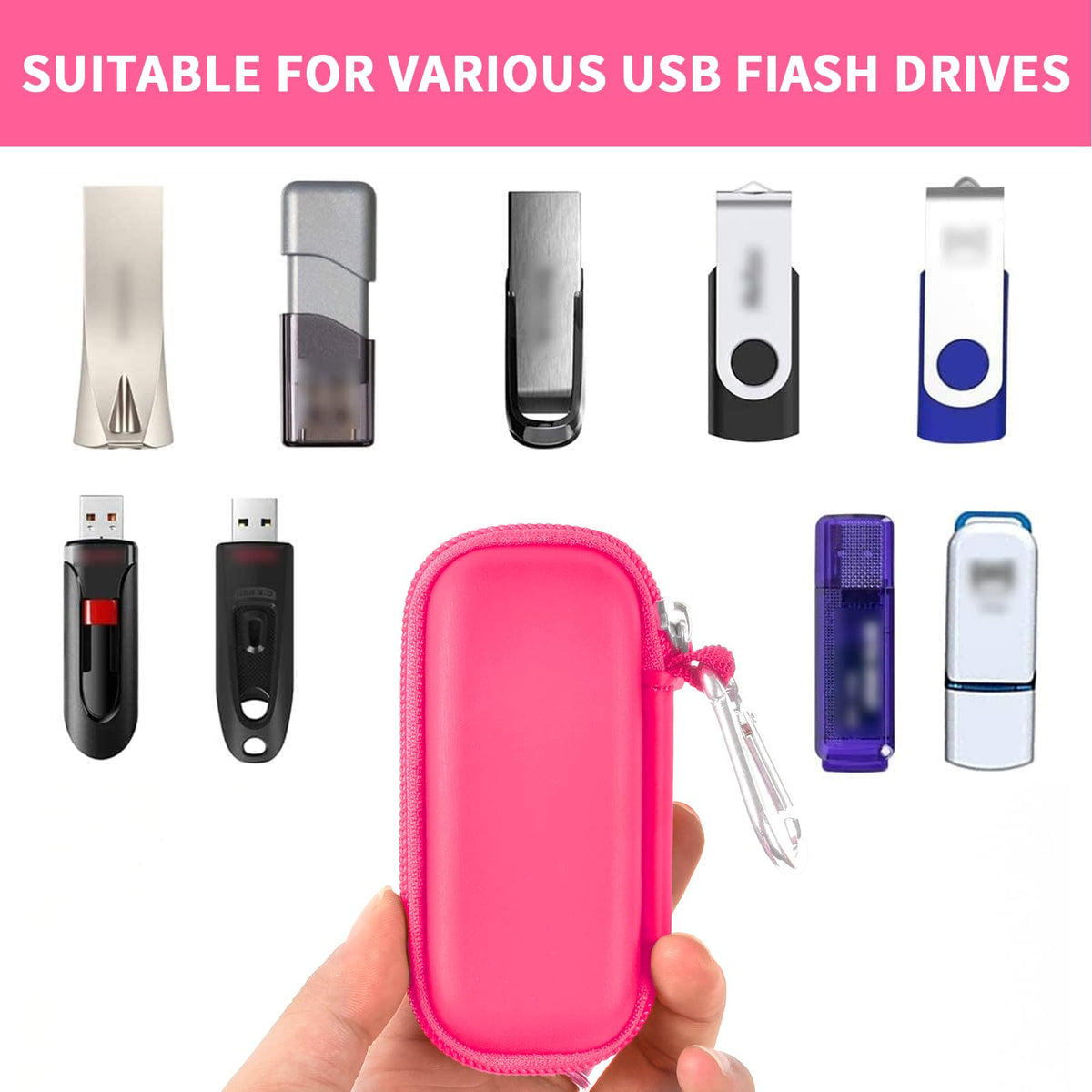 Hot pink USB flash drive and SD card storage case compatibility with assorted USB flash drives