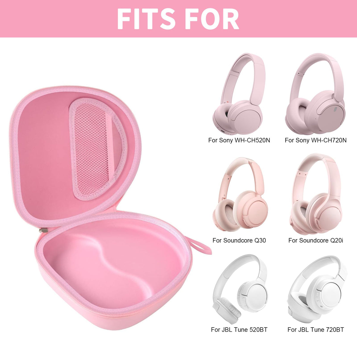 Open pink headphone case shown with compatible for Sony and for JBL over-ear headphones